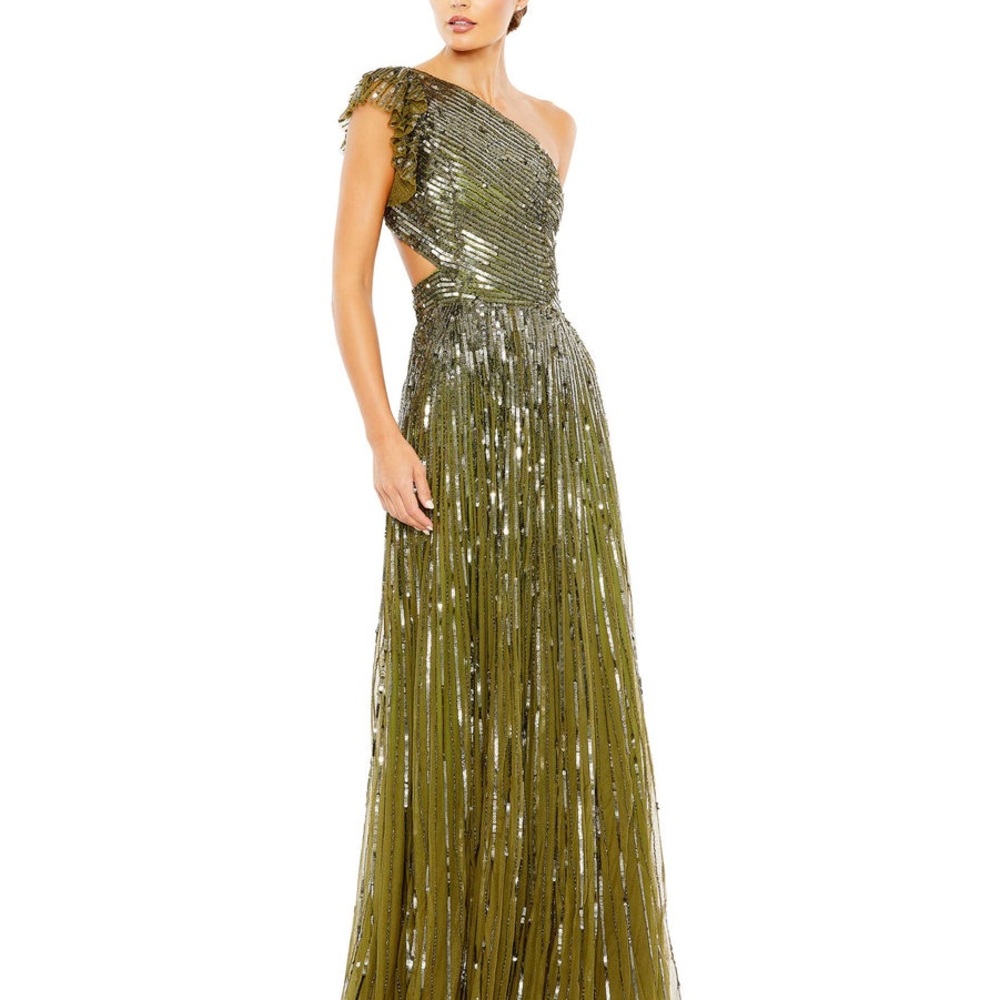 MacDuggal Sequined One Shoulder Flutter Sleeve Lace Up Style A Line Gown Olive